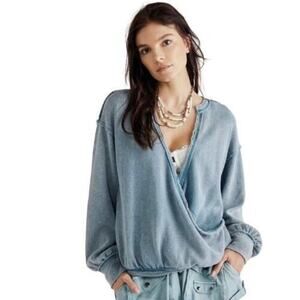 We The Free Anyway Surplice Top Distressed Teal Wrap Raw Edge Deep V Small NWT